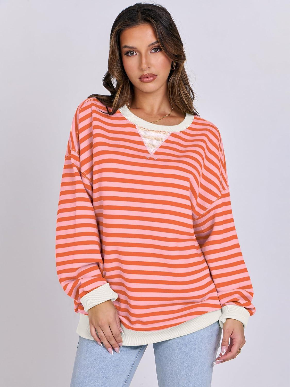 imageANRABESS Women Striped Sweatshirts Oversized Crewneck Long Sleeve Shirts Y2K Pullover Top 2025 Fall Outfits Fashion ClothesPink Orange