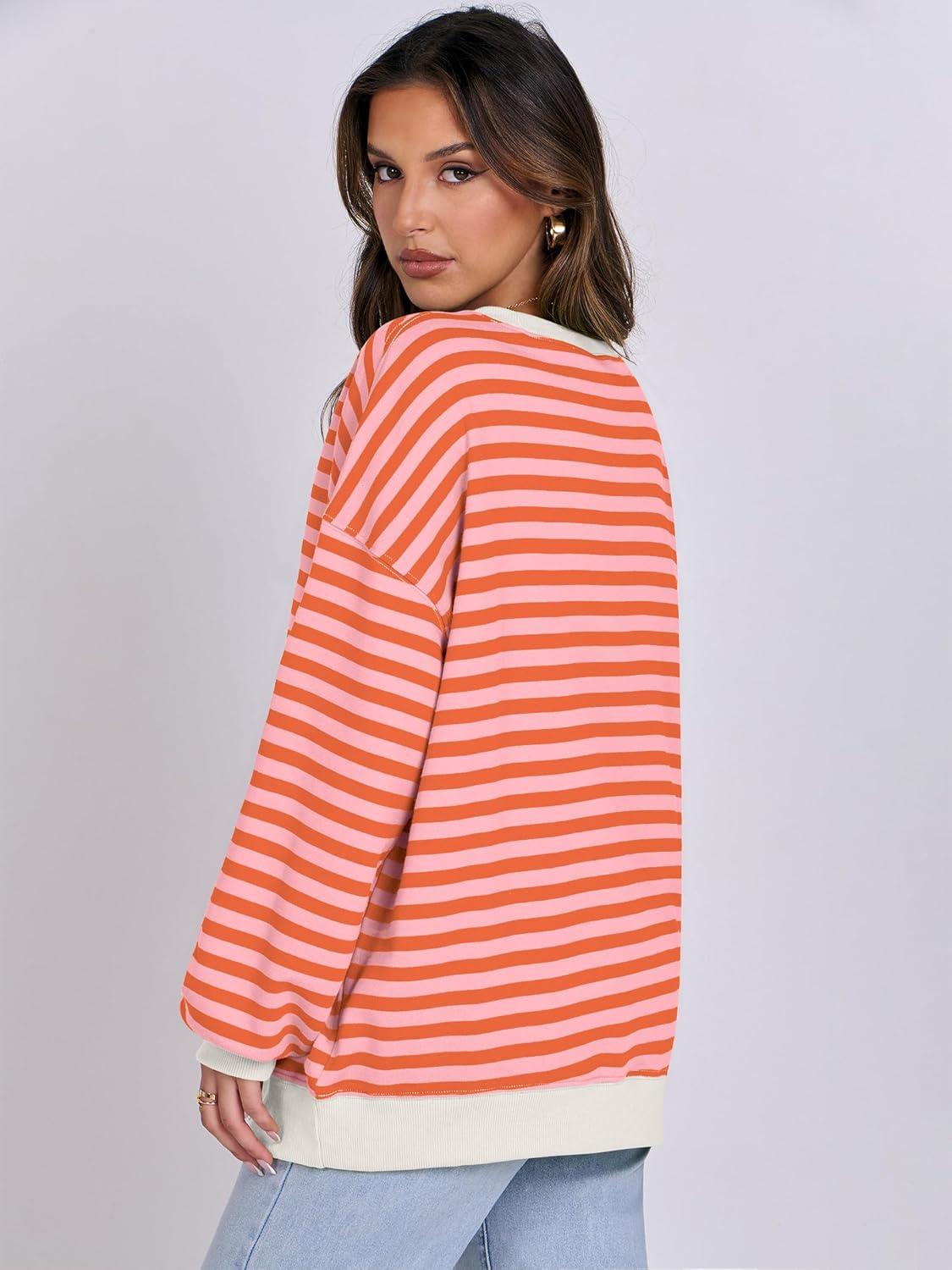imageANRABESS Women Striped Sweatshirts Oversized Crewneck Long Sleeve Shirts Y2K Pullover Top 2025 Fall Outfits Fashion ClothesPink Orange