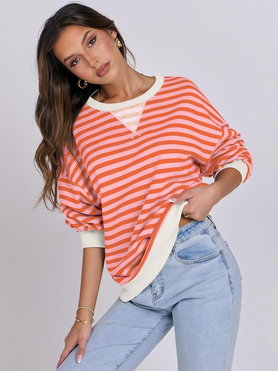 imageANRABESS Women Striped Sweatshirts Oversized Crewneck Long Sleeve Shirts Y2K Pullover Top 2025 Fall Outfits Fashion ClothesPink Orange