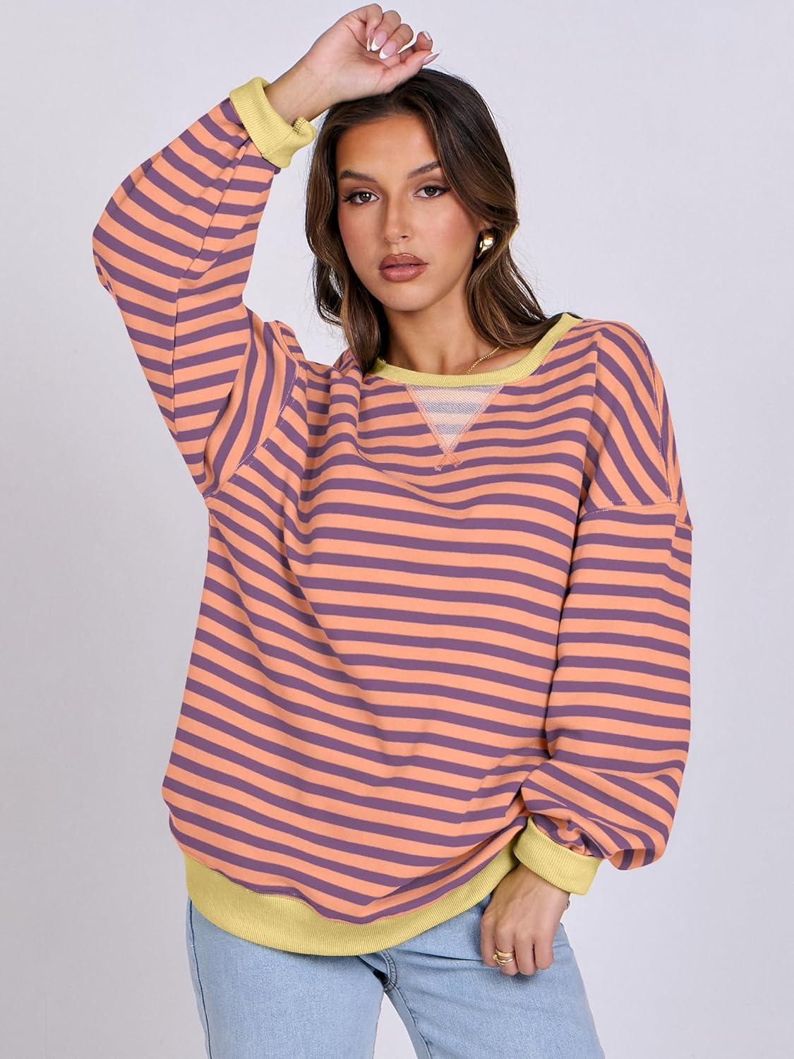 imageANRABESS Women Striped Sweatshirts Oversized Crewneck Long Sleeve Shirts Y2K Pullover Top 2025 Fall Outfits Fashion ClothesPurple Orange