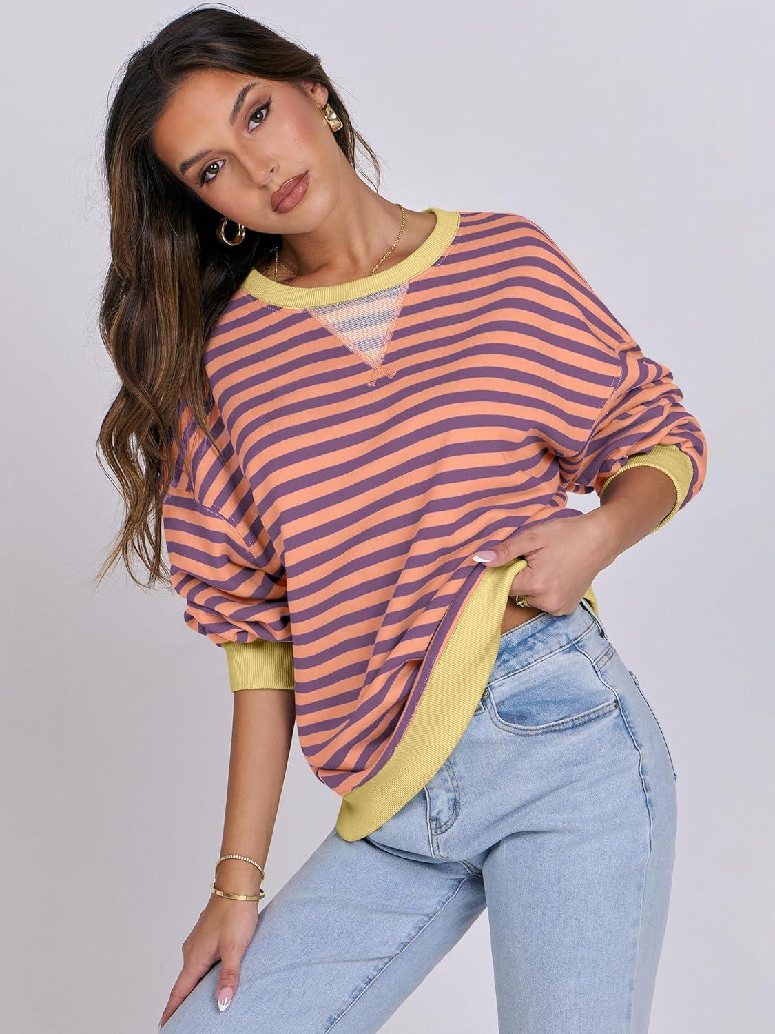 imageANRABESS Women Striped Sweatshirts Oversized Crewneck Long Sleeve Shirts Y2K Pullover Top 2025 Fall Outfits Fashion ClothesPurple Orange