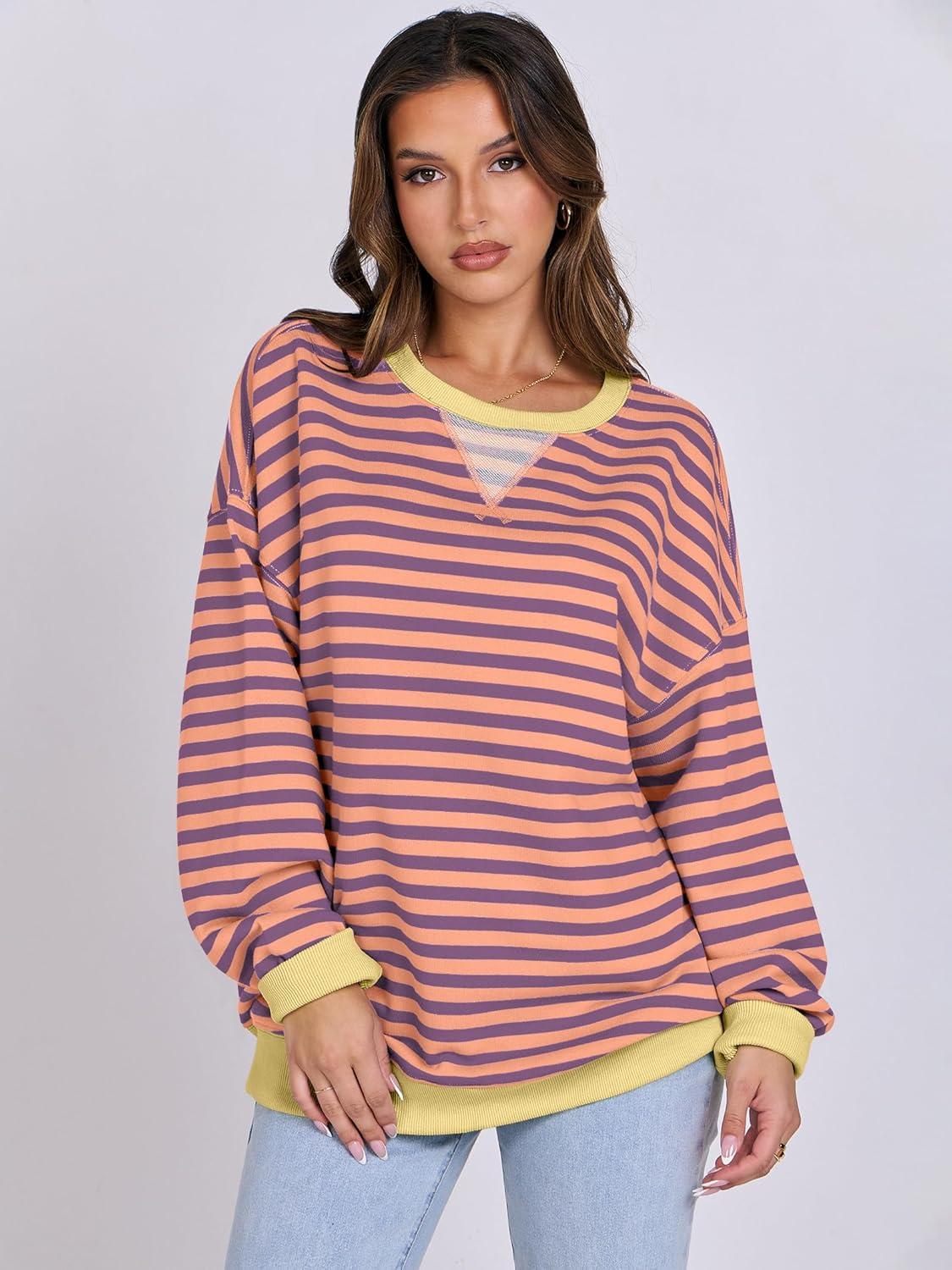 imageANRABESS Women Striped Sweatshirts Oversized Crewneck Long Sleeve Shirts Y2K Pullover Top 2025 Fall Outfits Fashion ClothesPurple Orange