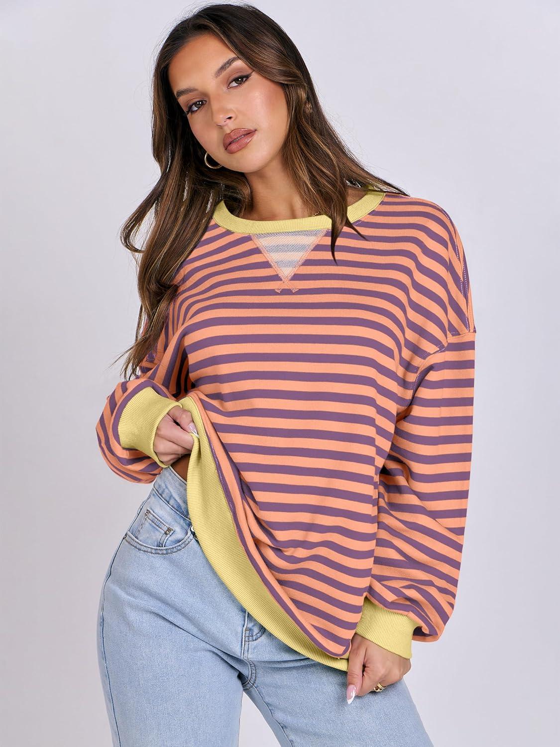 imageANRABESS Women Striped Sweatshirts Oversized Crewneck Long Sleeve Shirts Y2K Pullover Top 2025 Fall Outfits Fashion ClothesPurple Orange