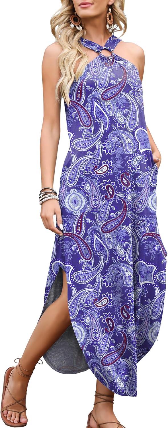 imageANRABESS Women Summer Halter Neck Sundress Sleeveless Split Side Casual Beach Travel Vacation Maxi Long Dress with PocketsBlue Cashew