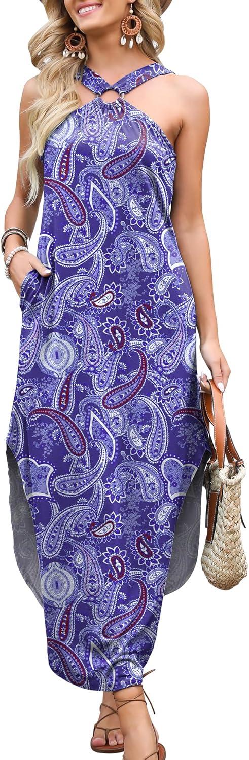 imageANRABESS Women Summer Halter Neck Sundress Sleeveless Split Side Casual Beach Travel Vacation Maxi Long Dress with PocketsBlue Cashew