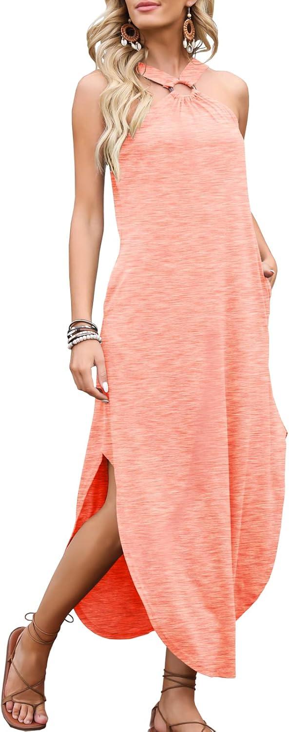 imageANRABESS Women Summer Halter Neck Sundress Sleeveless Split Side Casual Beach Travel Vacation Maxi Long Dress with PocketsPink