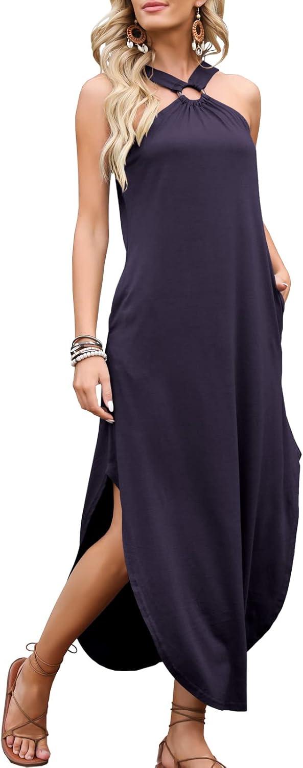 imageANRABESS Women Summer Halter Neck Sundress Sleeveless Split Side Casual Beach Travel Vacation Maxi Long Dress with PocketsPurple
