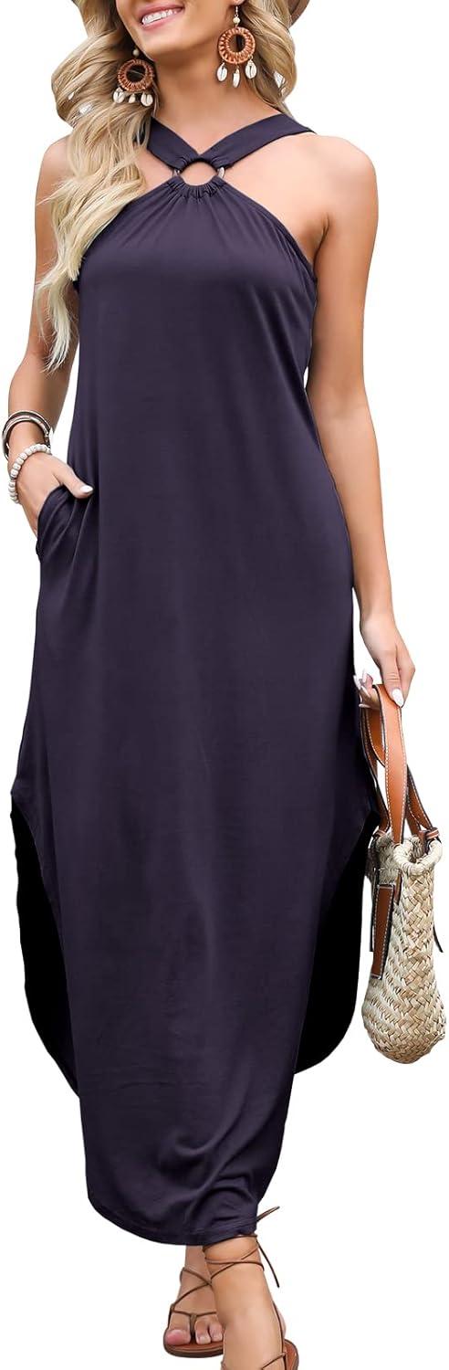 imageANRABESS Women Summer Halter Neck Sundress Sleeveless Split Side Casual Beach Travel Vacation Maxi Long Dress with PocketsPurple