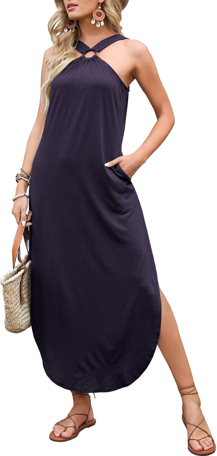 imageANRABESS Women Summer Halter Neck Sundress Sleeveless Split Side Casual Beach Travel Vacation Maxi Long Dress with PocketsPurple