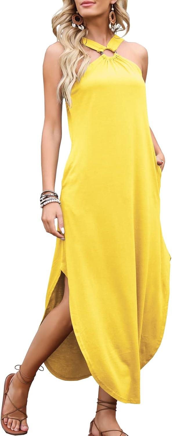 imageANRABESS Women Summer Halter Neck Sundress Sleeveless Split Side Casual Beach Travel Vacation Maxi Long Dress with PocketsYellow