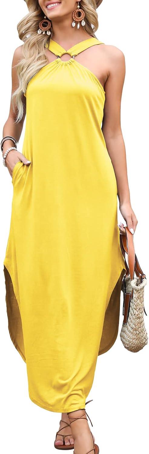 imageANRABESS Women Summer Halter Neck Sundress Sleeveless Split Side Casual Beach Travel Vacation Maxi Long Dress with PocketsYellow