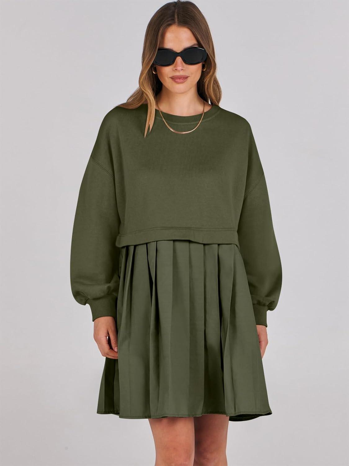 imageANRABESS Women Sweatshirts Dress Oversized Long Sleeve Patchwork Casual Loose Pleated Pullover Mini Dress Fall Outfits 2025Army Green