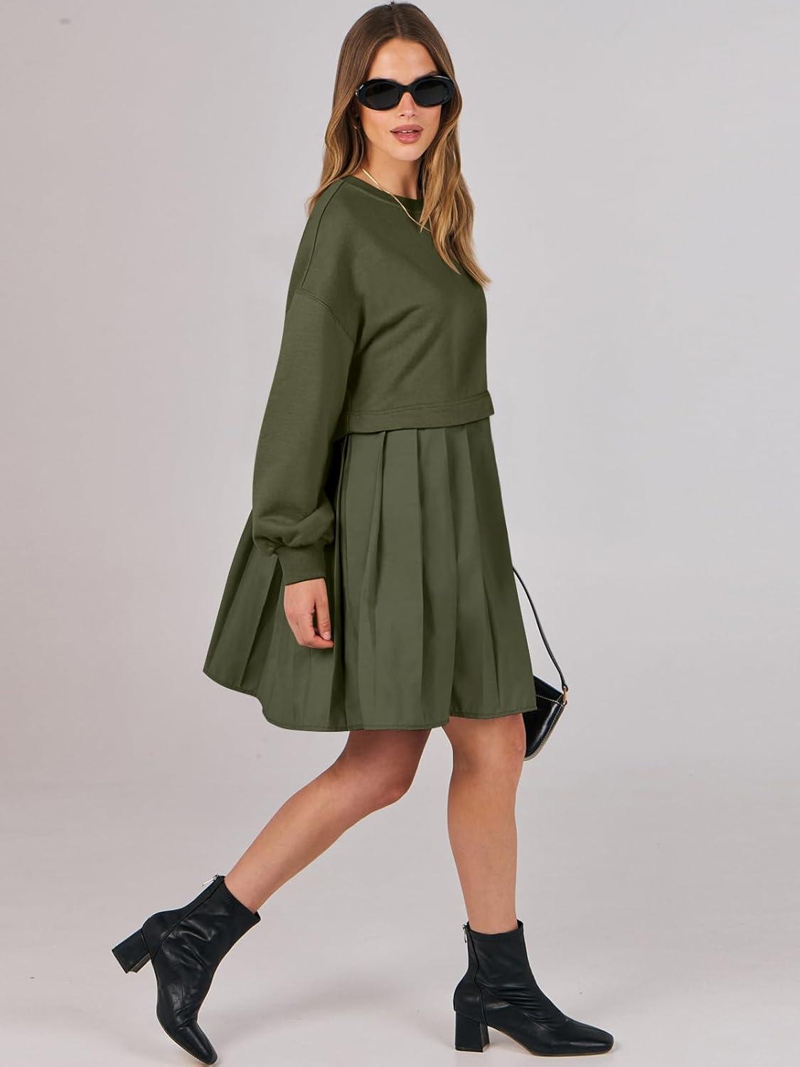imageANRABESS Women Sweatshirts Dress Oversized Long Sleeve Patchwork Casual Loose Pleated Pullover Mini Dress Fall Outfits 2025Army Green