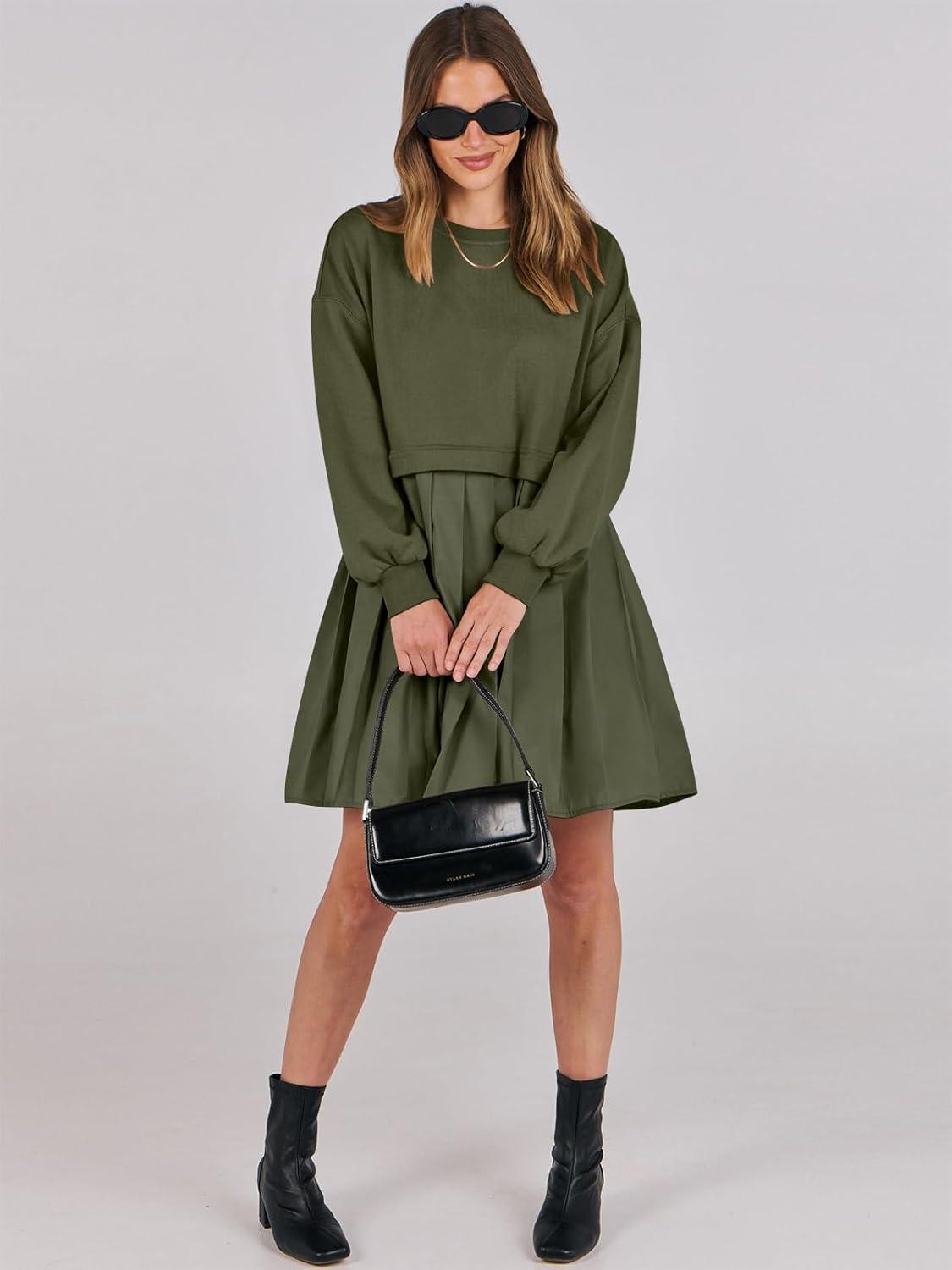 imageANRABESS Women Sweatshirts Dress Oversized Long Sleeve Patchwork Casual Loose Pleated Pullover Mini Dress Fall Outfits 2025Army Green