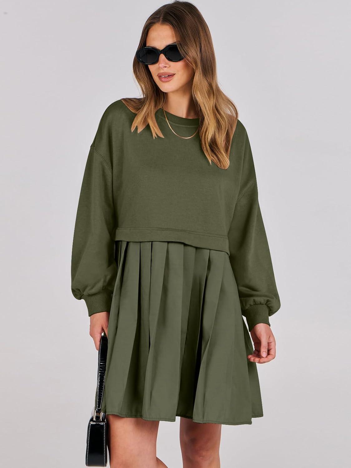 imageANRABESS Women Sweatshirts Dress Oversized Long Sleeve Patchwork Casual Loose Pleated Pullover Mini Dress Fall Outfits 2025Army Green