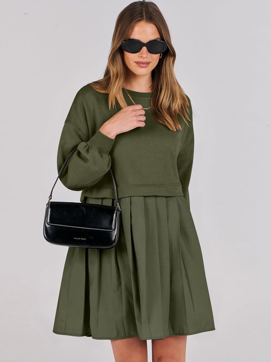 imageANRABESS Women Sweatshirts Dress Oversized Long Sleeve Patchwork Casual Loose Pleated Pullover Mini Dress Fall Outfits 2025Army Green