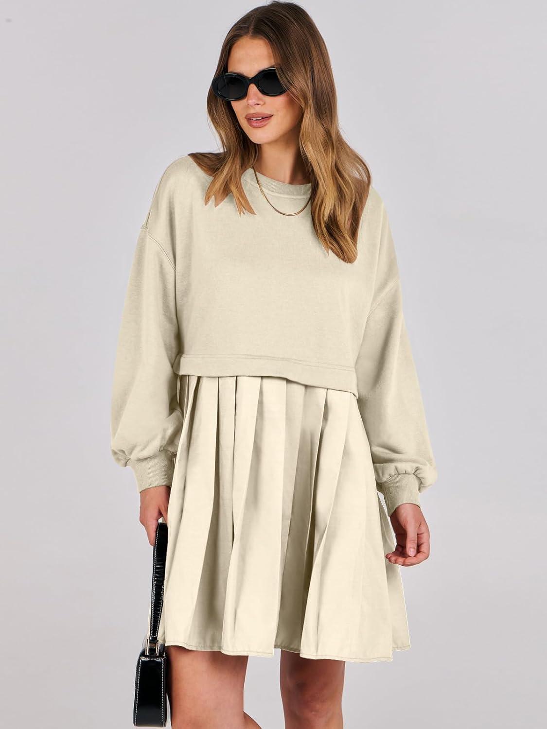 imageANRABESS Women Sweatshirts Dress Oversized Long Sleeve Patchwork Casual Loose Pleated Pullover Mini Dress Fall Outfits 2025Beige