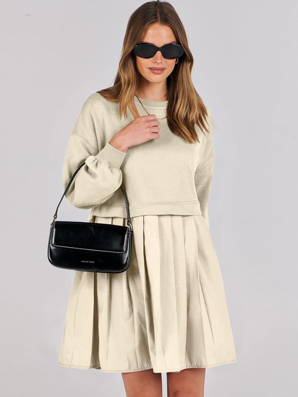 imageANRABESS Women Sweatshirts Dress Oversized Long Sleeve Patchwork Casual Loose Pleated Pullover Mini Dress Fall Outfits 2025Beige