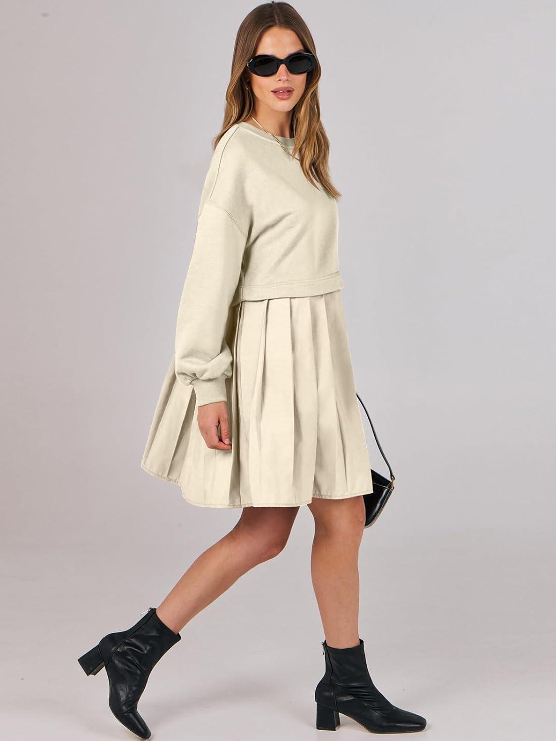 imageANRABESS Women Sweatshirts Dress Oversized Long Sleeve Patchwork Casual Loose Pleated Pullover Mini Dress Fall Outfits 2025Beige