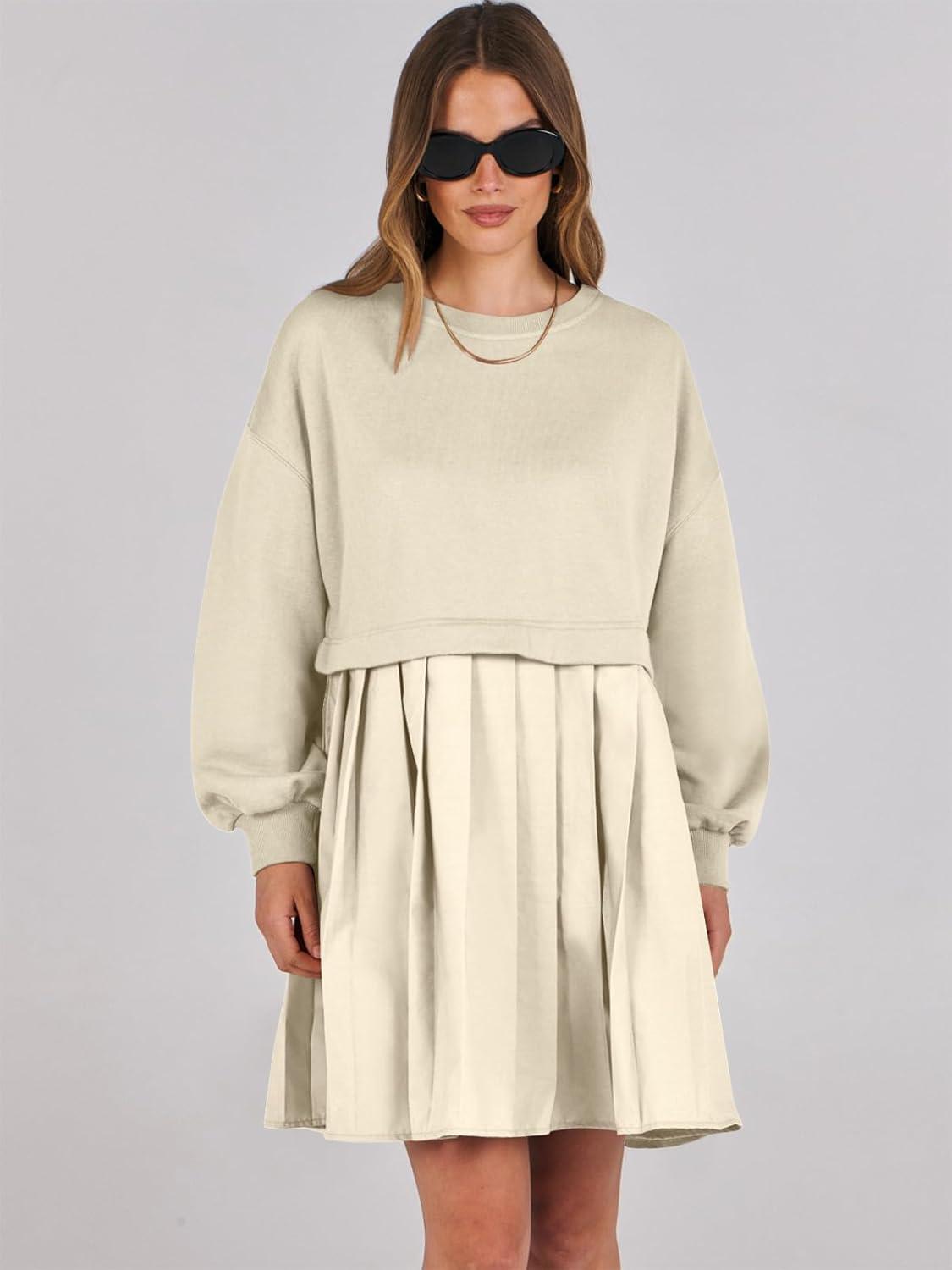 imageANRABESS Women Sweatshirts Dress Oversized Long Sleeve Patchwork Casual Loose Pleated Pullover Mini Dress Fall Outfits 2025Beige