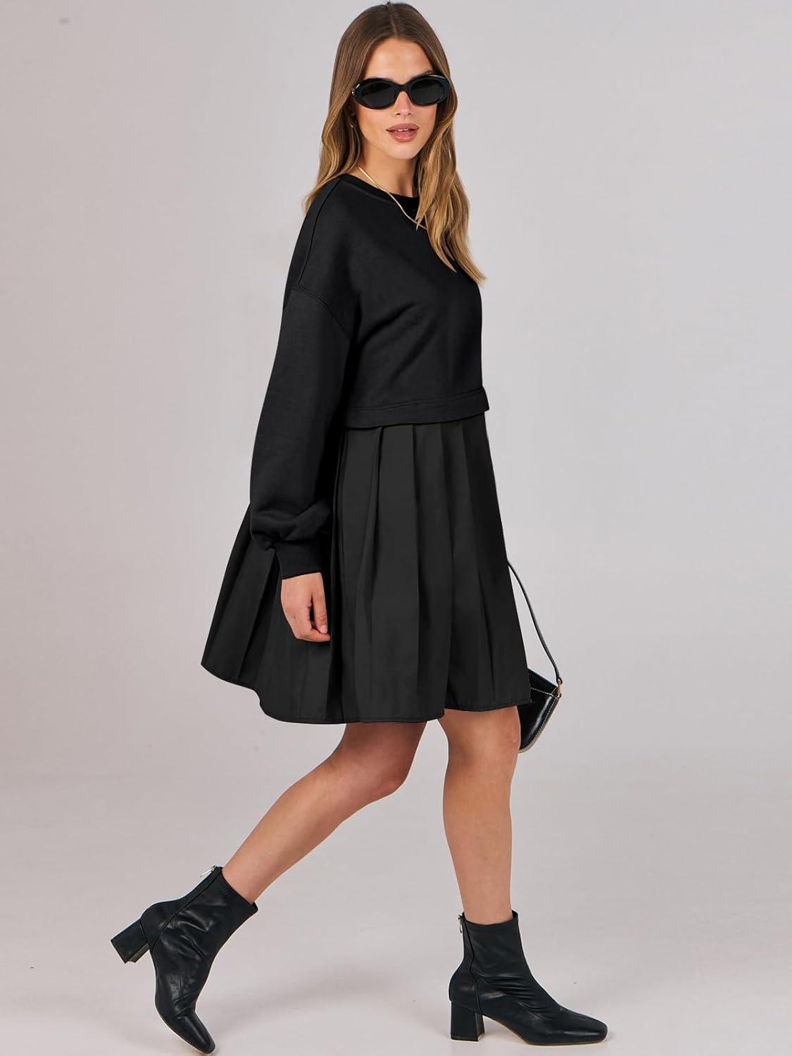 imageANRABESS Women Sweatshirts Dress Oversized Long Sleeve Patchwork Casual Loose Pleated Pullover Mini Dress Fall Outfits 2025Black