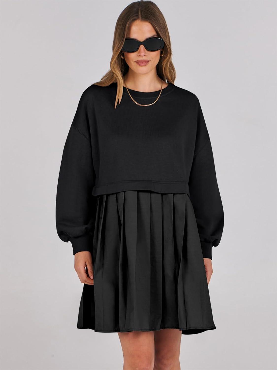 imageANRABESS Women Sweatshirts Dress Oversized Long Sleeve Patchwork Casual Loose Pleated Pullover Mini Dress Fall Outfits 2025Black