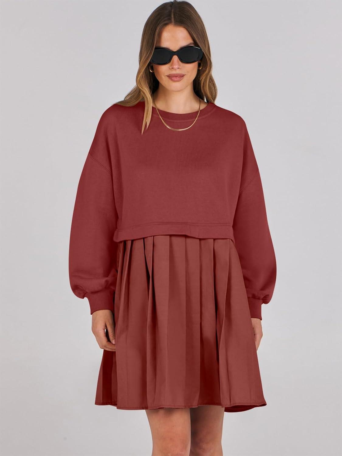 imageANRABESS Women Sweatshirts Dress Oversized Long Sleeve Patchwork Casual Loose Pleated Pullover Mini Dress Fall Outfits 2025Brick Red
