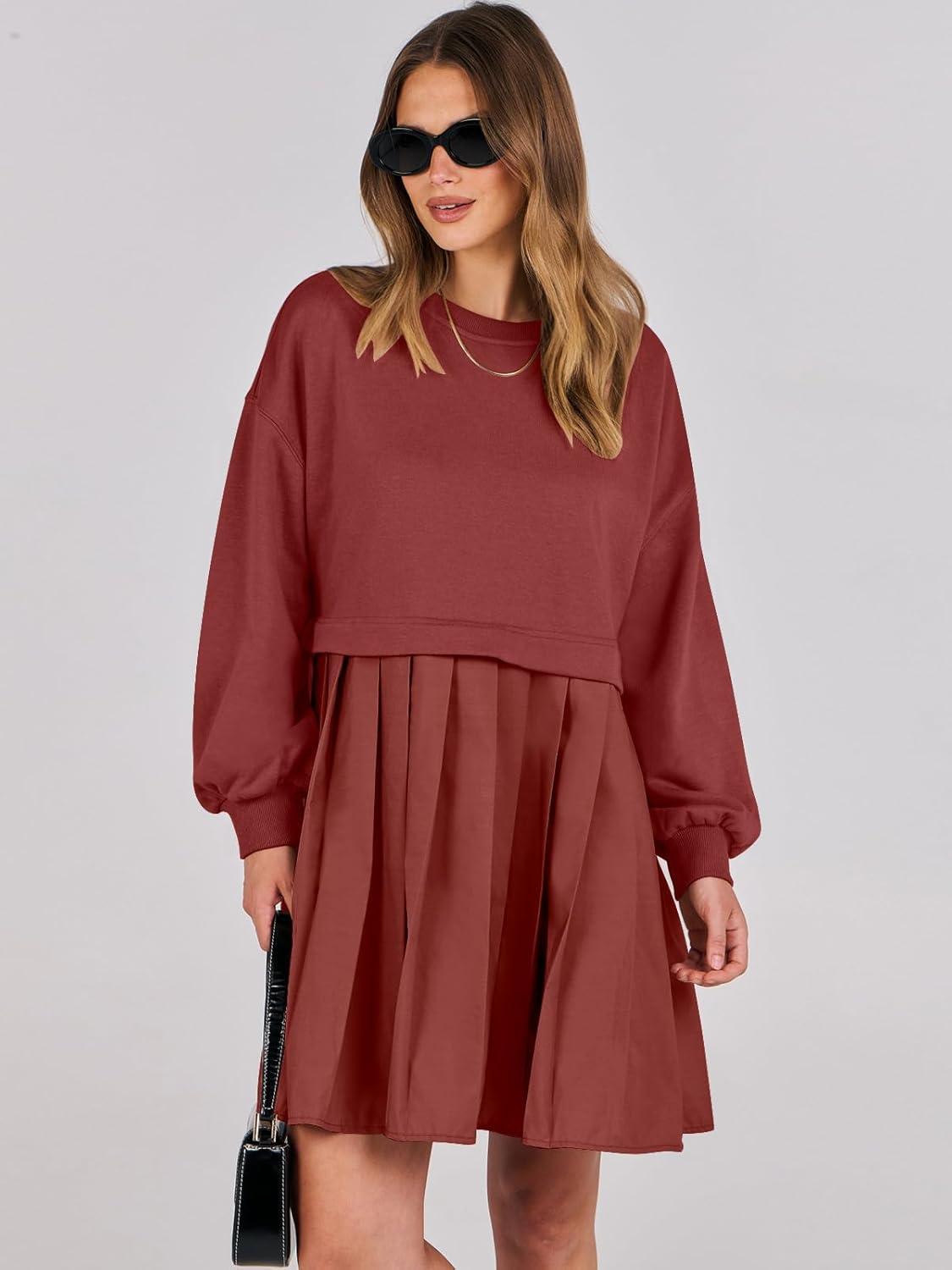 imageANRABESS Women Sweatshirts Dress Oversized Long Sleeve Patchwork Casual Loose Pleated Pullover Mini Dress Fall Outfits 2025Brick Red