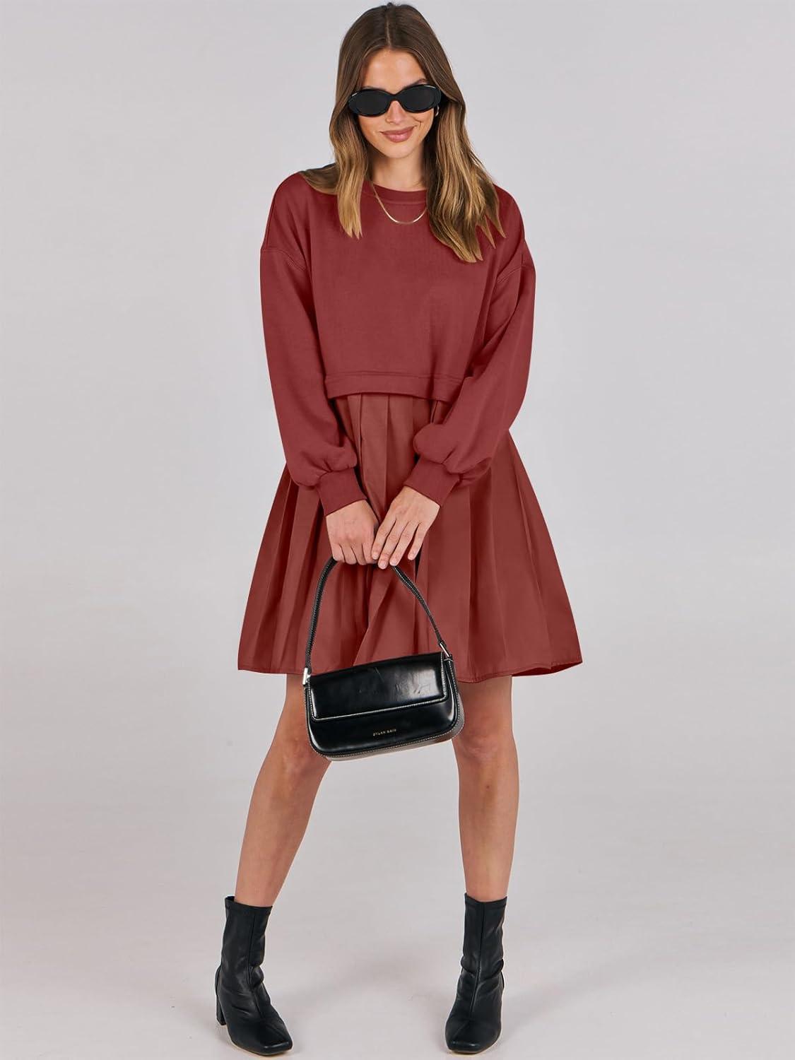 imageANRABESS Women Sweatshirts Dress Oversized Long Sleeve Patchwork Casual Loose Pleated Pullover Mini Dress Fall Outfits 2025Brick Red