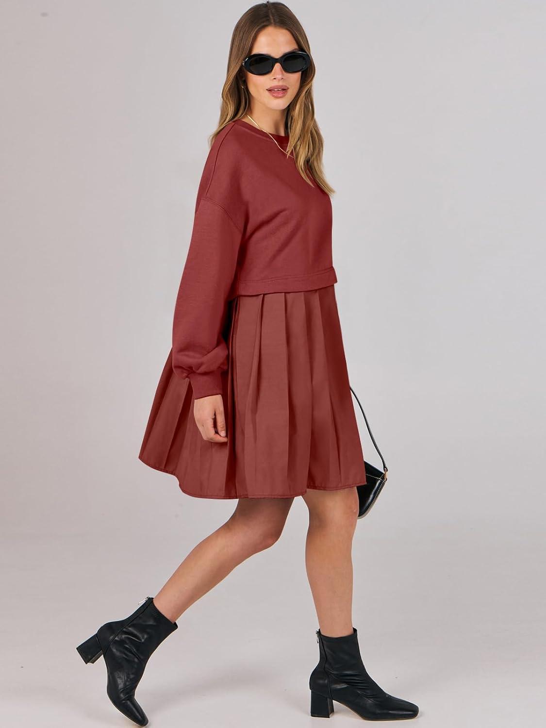 imageANRABESS Women Sweatshirts Dress Oversized Long Sleeve Patchwork Casual Loose Pleated Pullover Mini Dress Fall Outfits 2025Brick Red