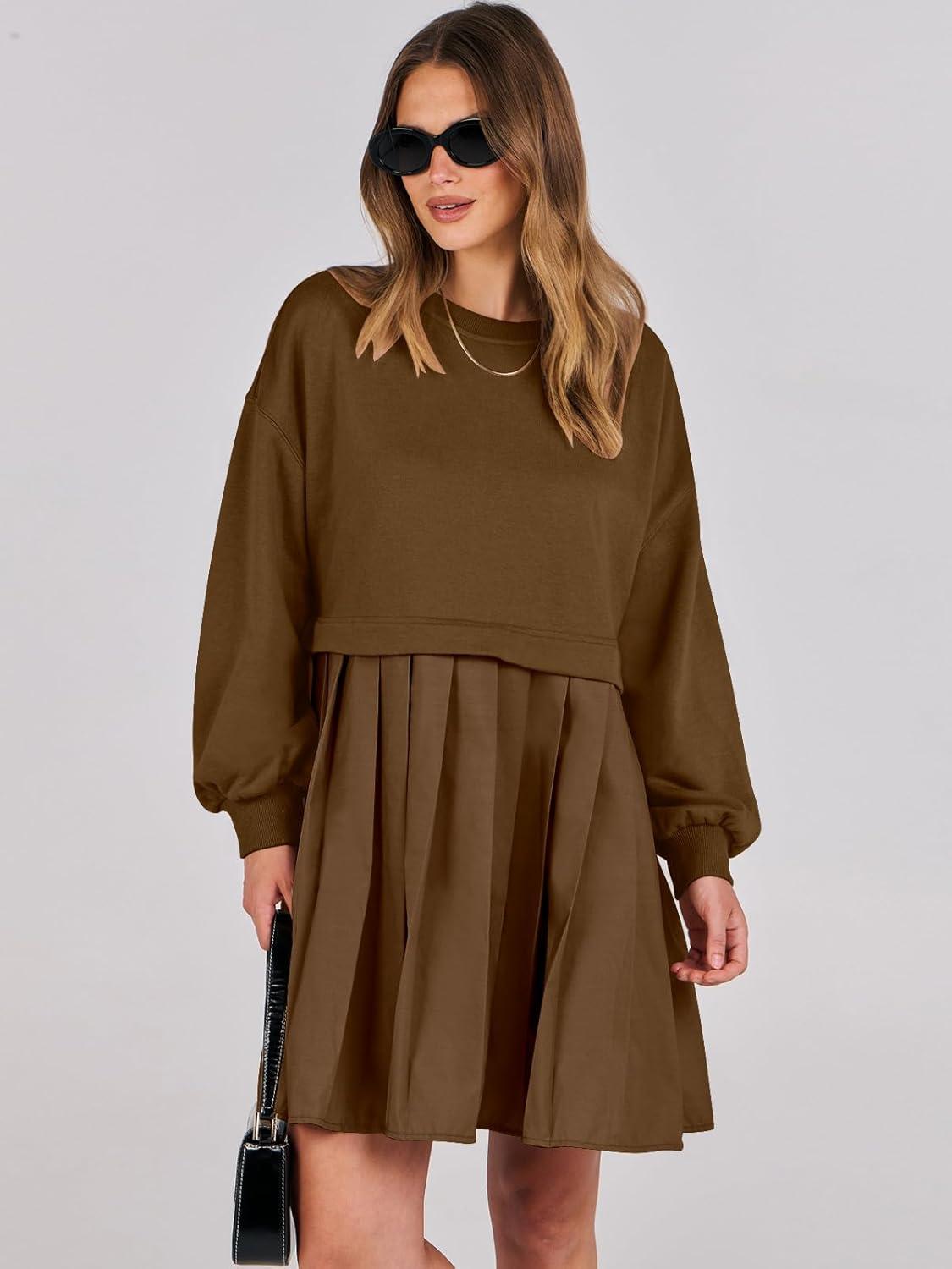 imageANRABESS Women Sweatshirts Dress Oversized Long Sleeve Patchwork Casual Loose Pleated Pullover Mini Dress Fall Outfits 2025Coffee