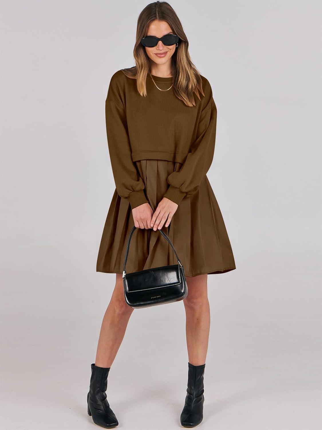 imageANRABESS Women Sweatshirts Dress Oversized Long Sleeve Patchwork Casual Loose Pleated Pullover Mini Dress Fall Outfits 2025Coffee