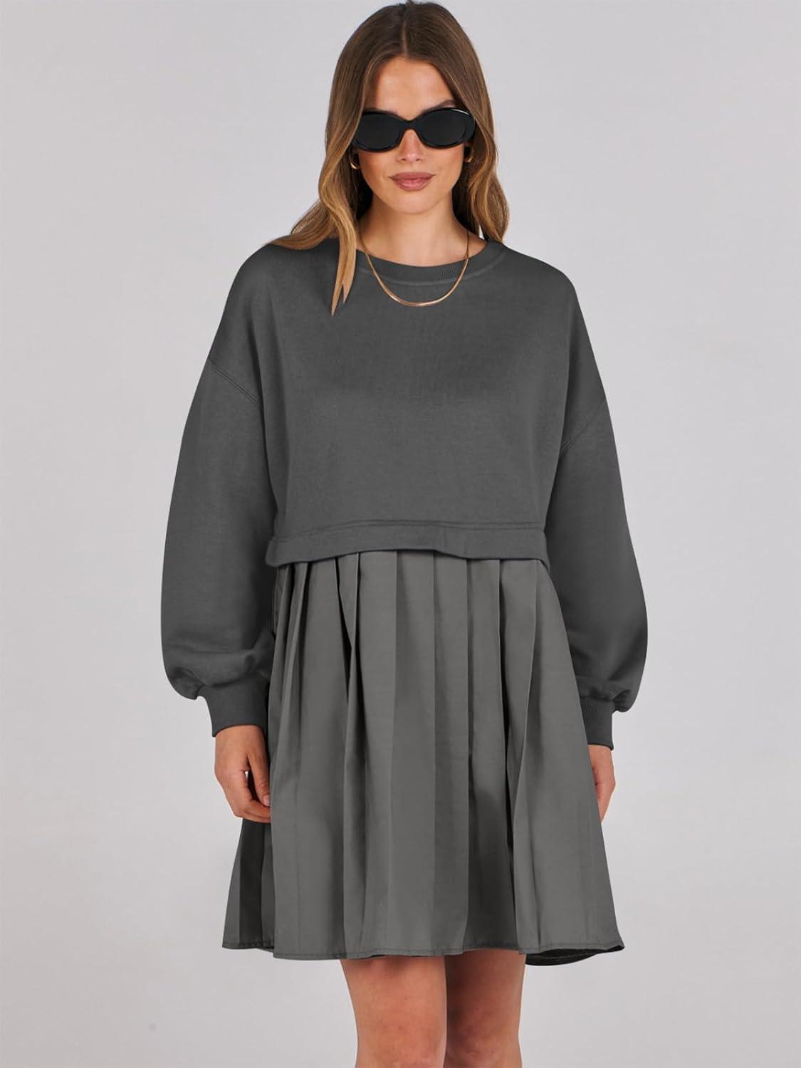 imageANRABESS Women Sweatshirts Dress Oversized Long Sleeve Patchwork Casual Loose Pleated Pullover Mini Dress Fall Outfits 2025Dark Grey