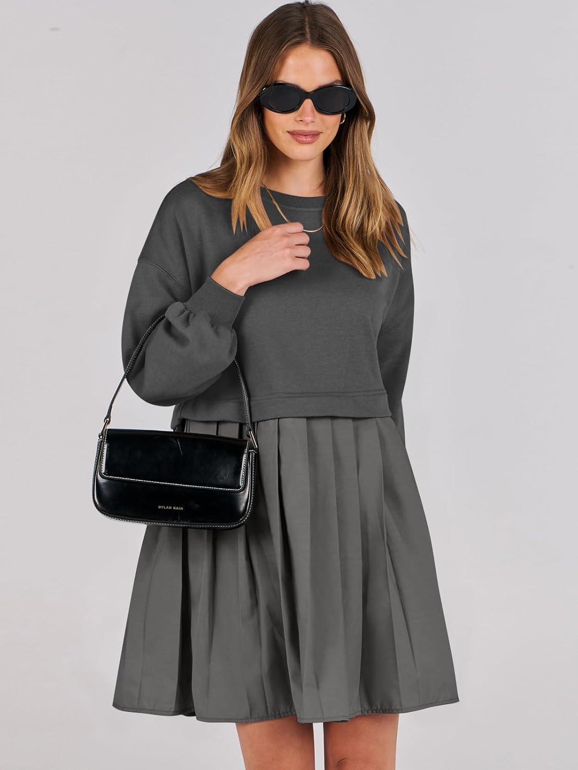 imageANRABESS Women Sweatshirts Dress Oversized Long Sleeve Patchwork Casual Loose Pleated Pullover Mini Dress Fall Outfits 2025Dark Grey