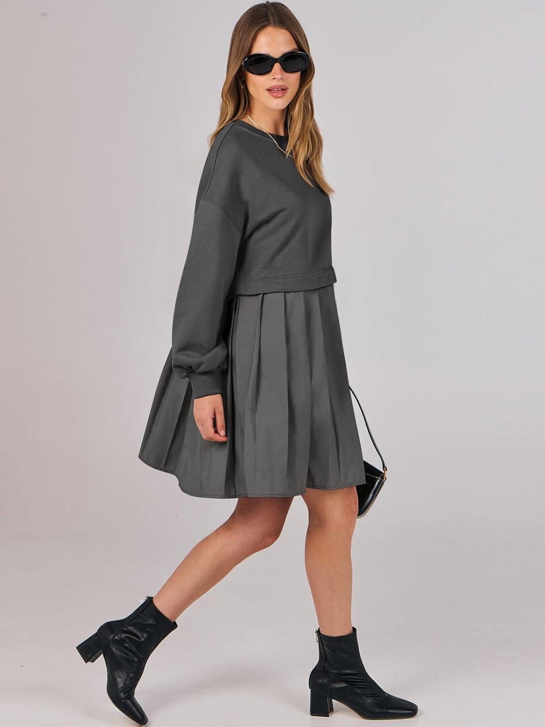 imageANRABESS Women Sweatshirts Dress Oversized Long Sleeve Patchwork Casual Loose Pleated Pullover Mini Dress Fall Outfits 2025Dark Grey
