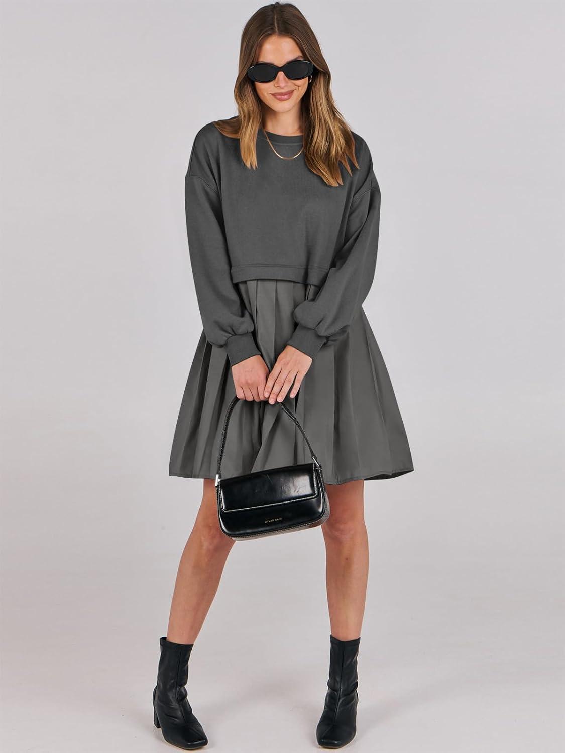 imageANRABESS Women Sweatshirts Dress Oversized Long Sleeve Patchwork Casual Loose Pleated Pullover Mini Dress Fall Outfits 2025Dark Grey