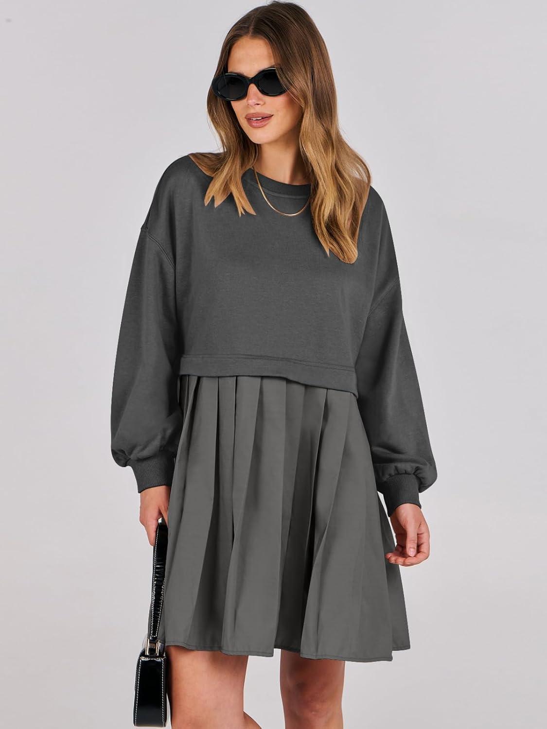 imageANRABESS Women Sweatshirts Dress Oversized Long Sleeve Patchwork Casual Loose Pleated Pullover Mini Dress Fall Outfits 2025Dark Grey