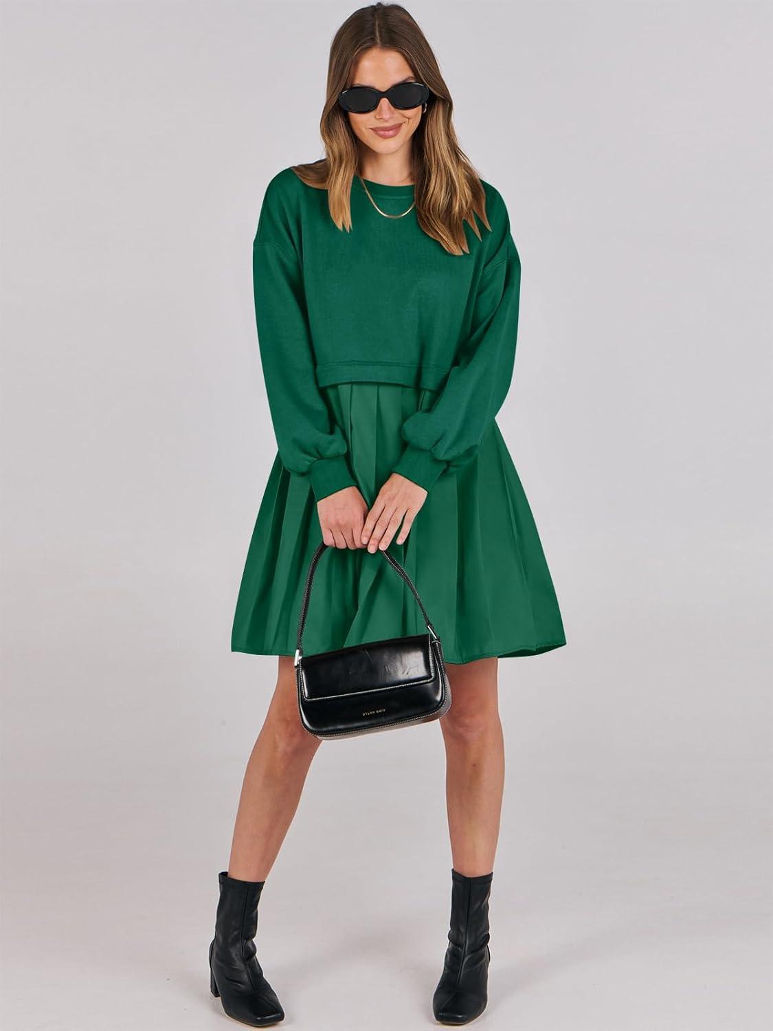 imageANRABESS Women Sweatshirts Dress Oversized Long Sleeve Patchwork Casual Loose Pleated Pullover Mini Dress Fall Outfits 2025Green