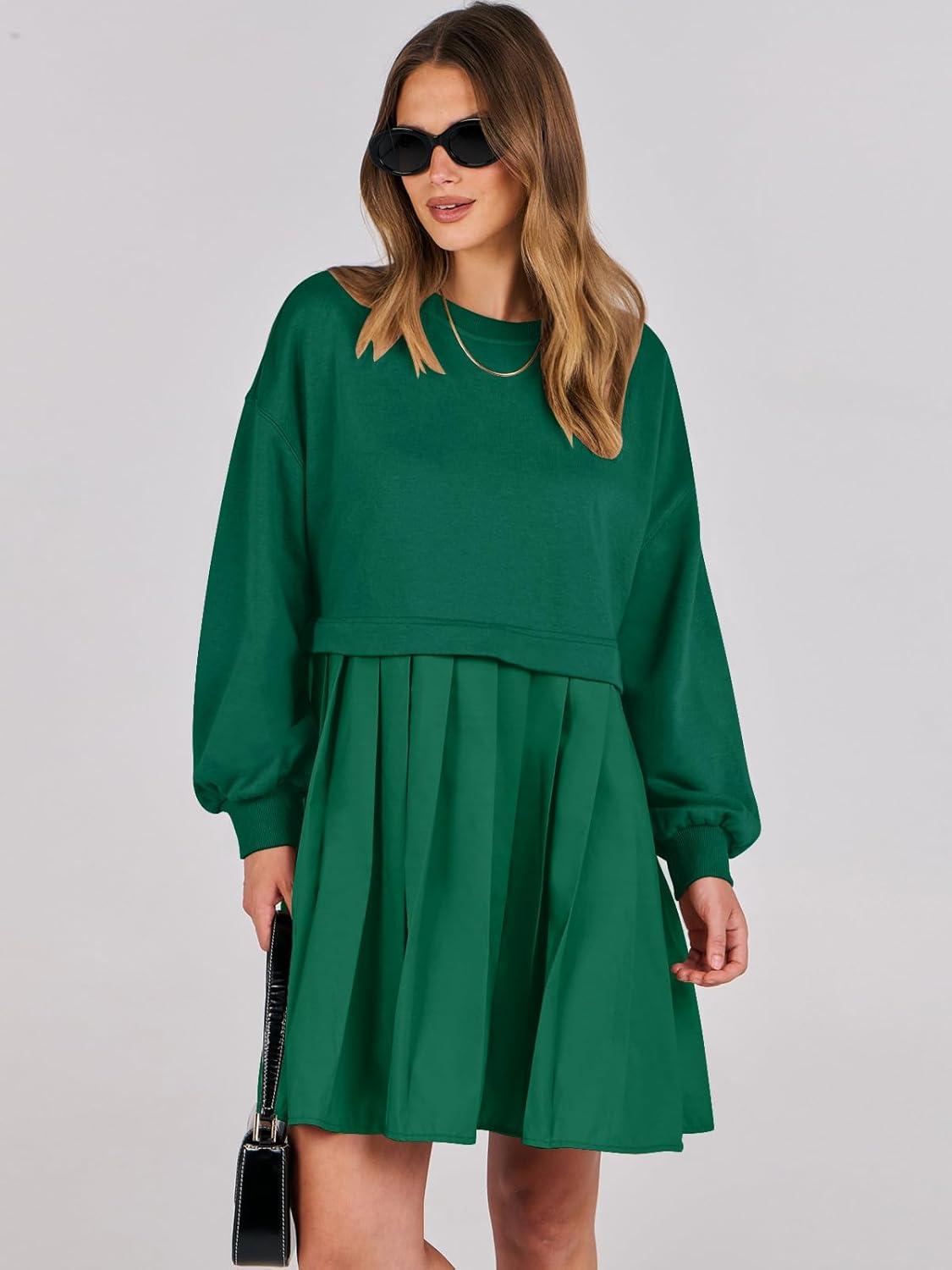 imageANRABESS Women Sweatshirts Dress Oversized Long Sleeve Patchwork Casual Loose Pleated Pullover Mini Dress Fall Outfits 2025Green