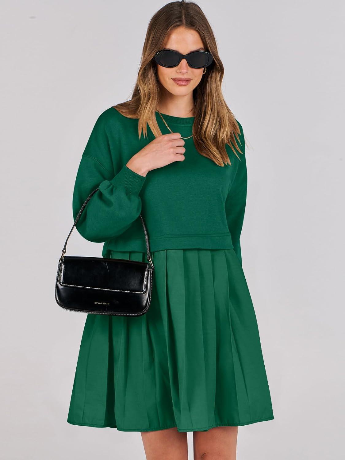 imageANRABESS Women Sweatshirts Dress Oversized Long Sleeve Patchwork Casual Loose Pleated Pullover Mini Dress Fall Outfits 2025Green