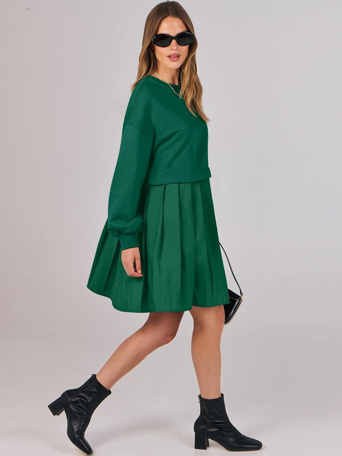 imageANRABESS Women Sweatshirts Dress Oversized Long Sleeve Patchwork Casual Loose Pleated Pullover Mini Dress Fall Outfits 2025Green