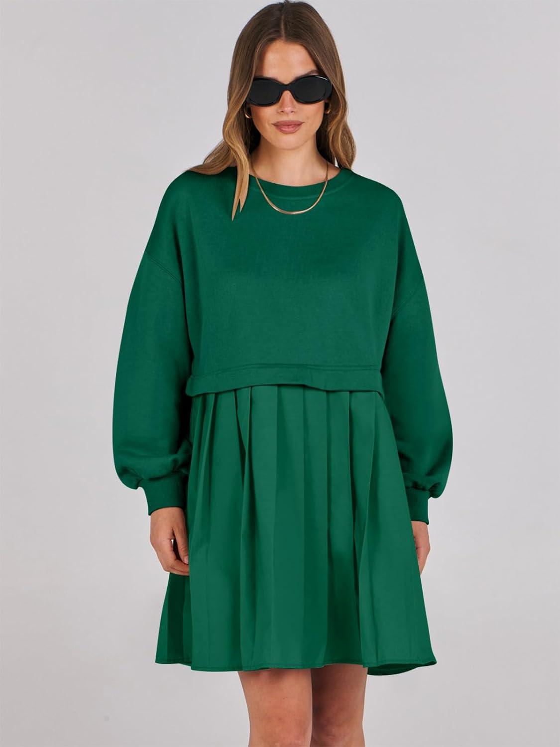 imageANRABESS Women Sweatshirts Dress Oversized Long Sleeve Patchwork Casual Loose Pleated Pullover Mini Dress Fall Outfits 2025Green