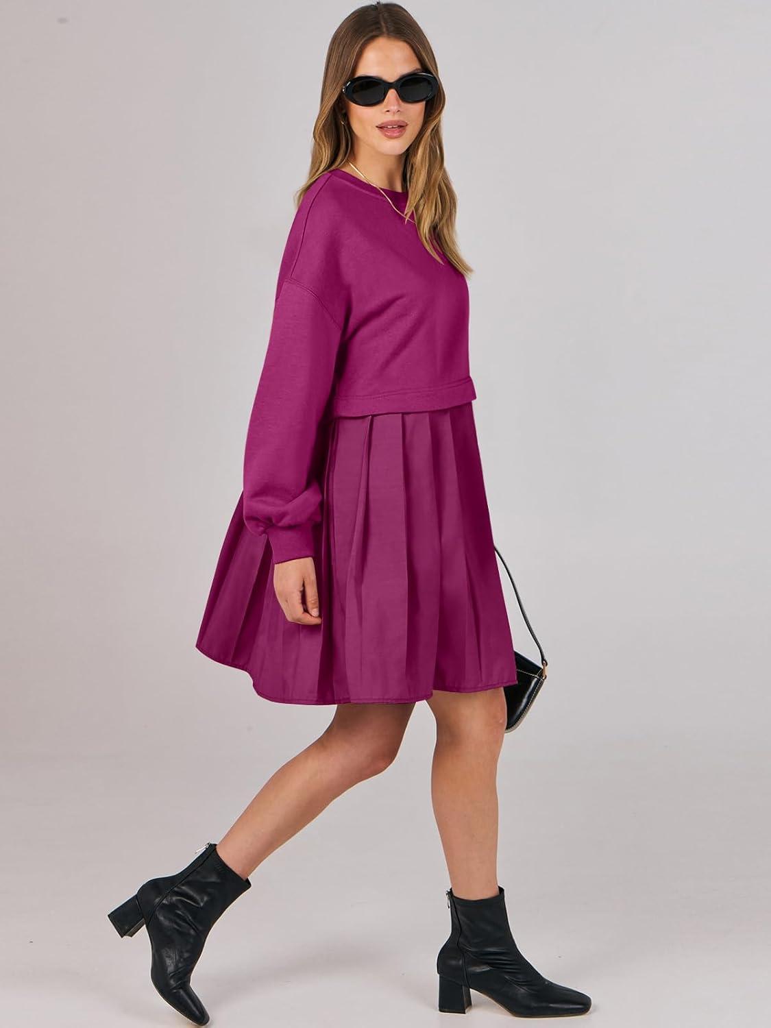 imageANRABESS Women Sweatshirts Dress Oversized Long Sleeve Patchwork Casual Loose Pleated Pullover Mini Dress Fall Outfits 2025Hot Pink