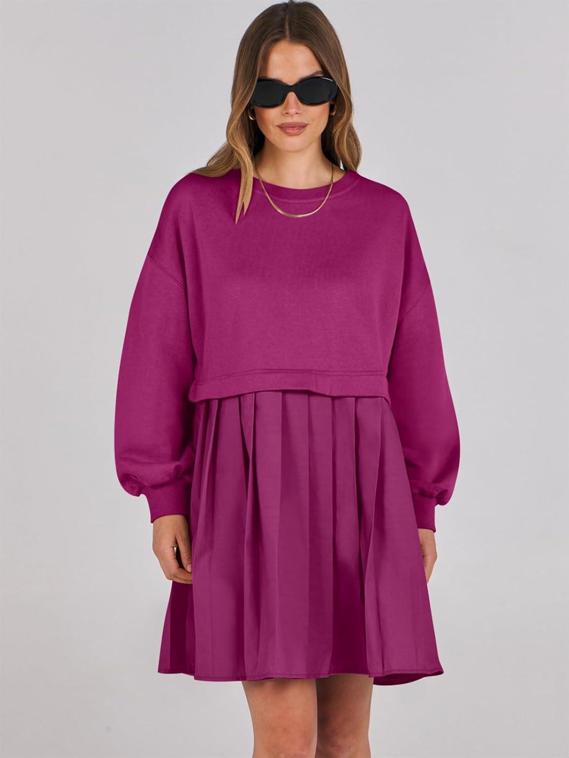 imageANRABESS Women Sweatshirts Dress Oversized Long Sleeve Patchwork Casual Loose Pleated Pullover Mini Dress Fall Outfits 2025Hot Pink