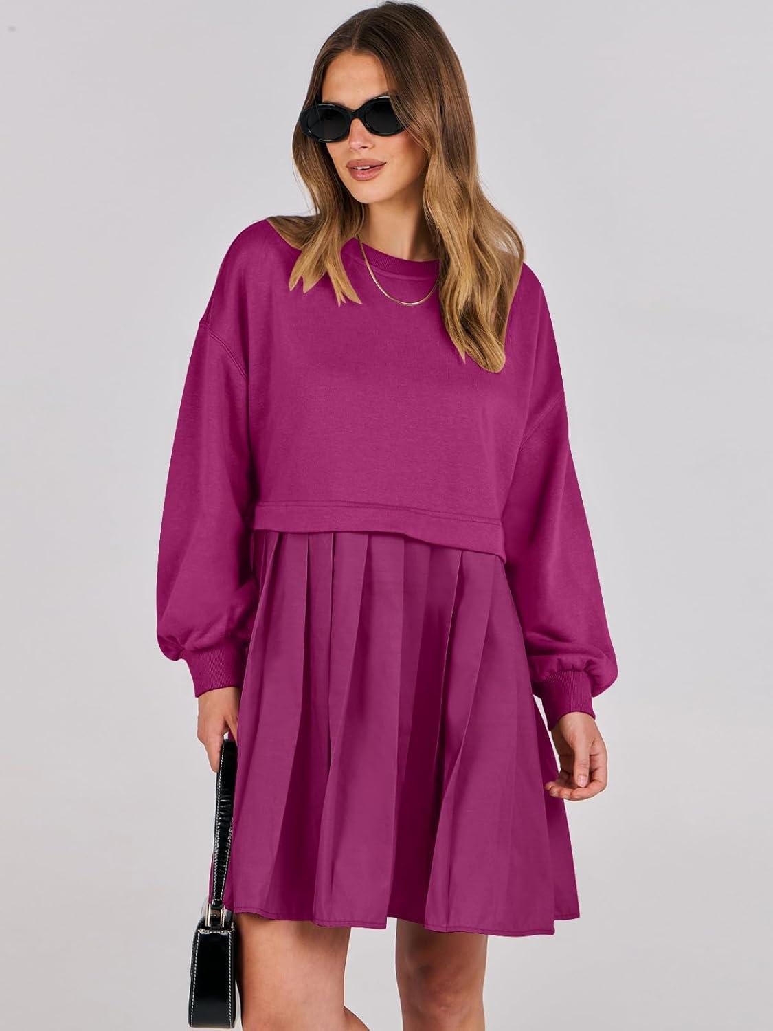 imageANRABESS Women Sweatshirts Dress Oversized Long Sleeve Patchwork Casual Loose Pleated Pullover Mini Dress Fall Outfits 2025Hot Pink