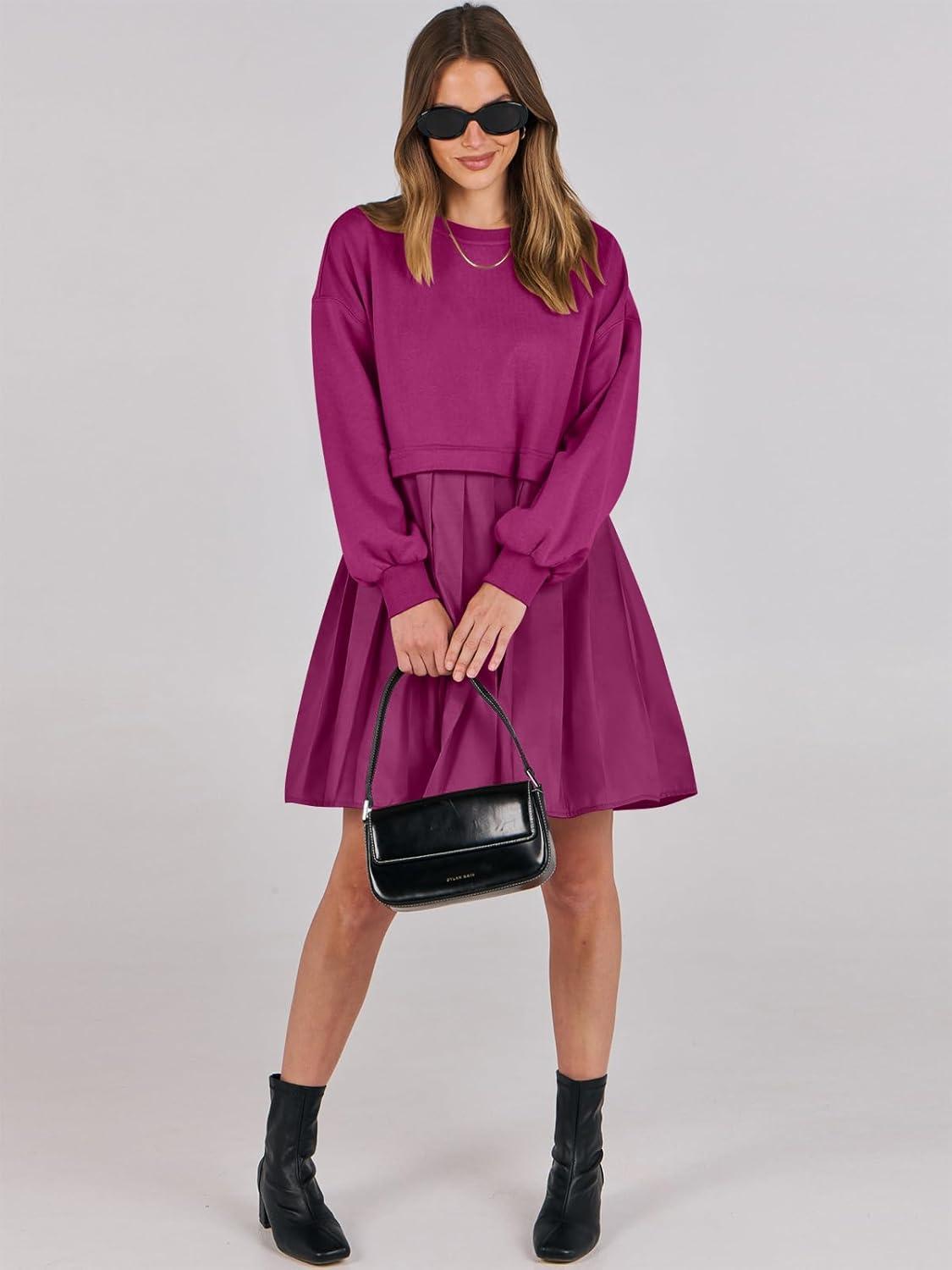 imageANRABESS Women Sweatshirts Dress Oversized Long Sleeve Patchwork Casual Loose Pleated Pullover Mini Dress Fall Outfits 2025Hot Pink