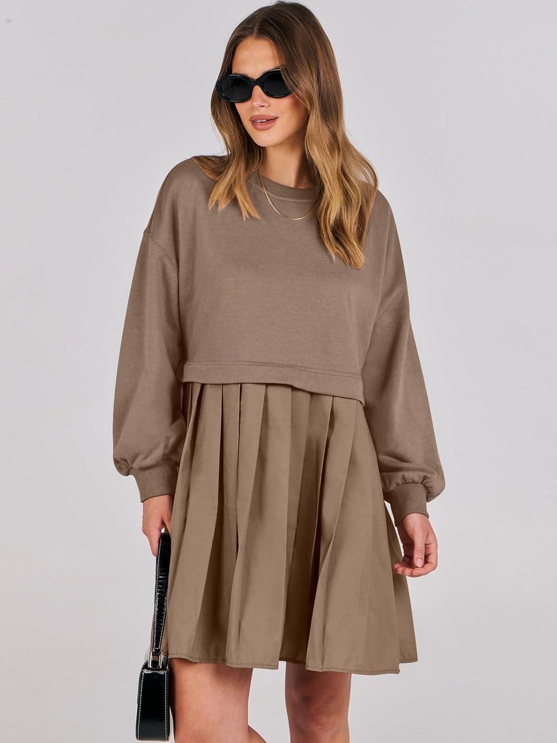 imageANRABESS Women Sweatshirts Dress Oversized Long Sleeve Patchwork Casual Loose Pleated Pullover Mini Dress Fall Outfits 2025Khaki