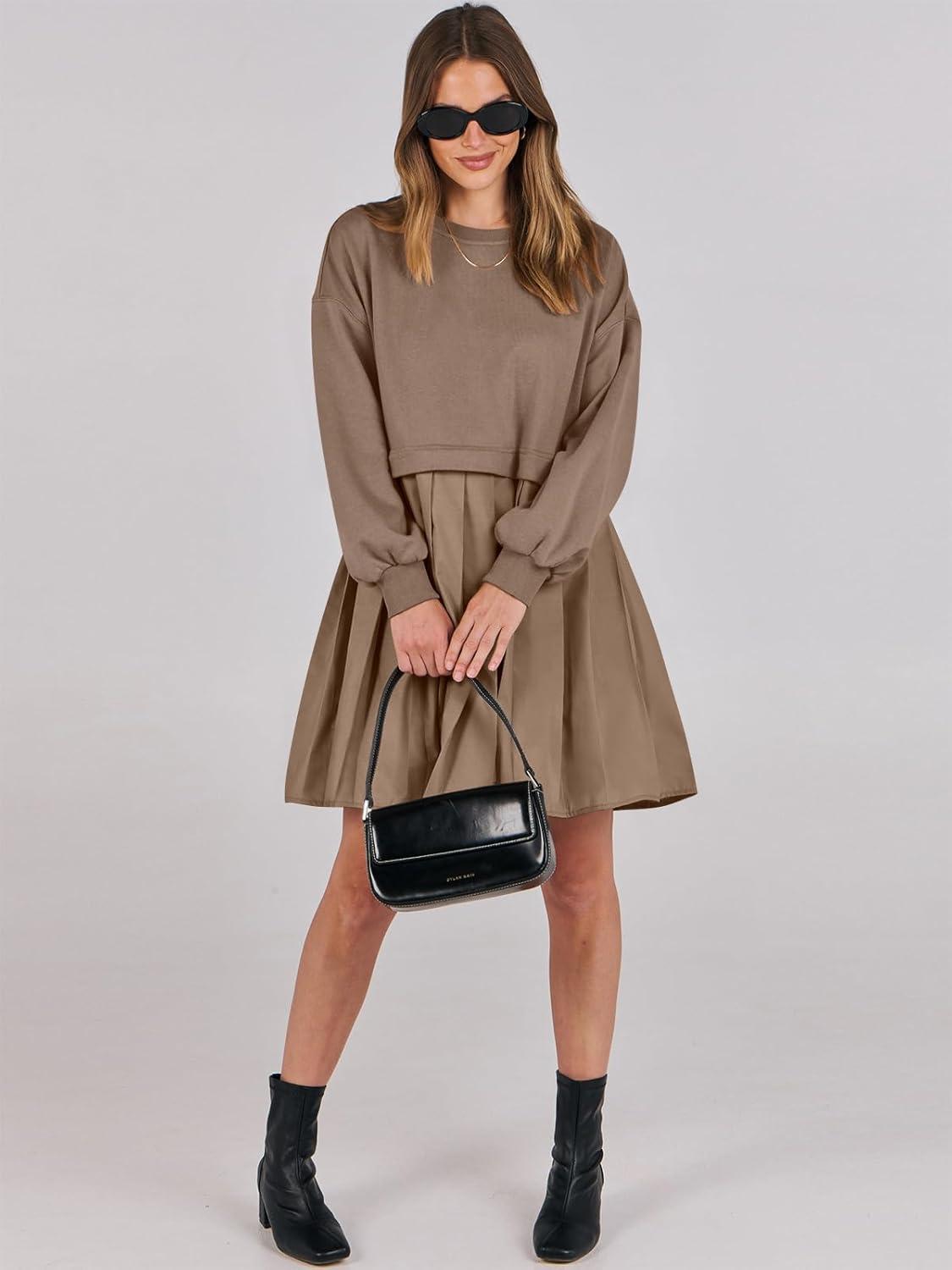 imageANRABESS Women Sweatshirts Dress Oversized Long Sleeve Patchwork Casual Loose Pleated Pullover Mini Dress Fall Outfits 2025Khaki