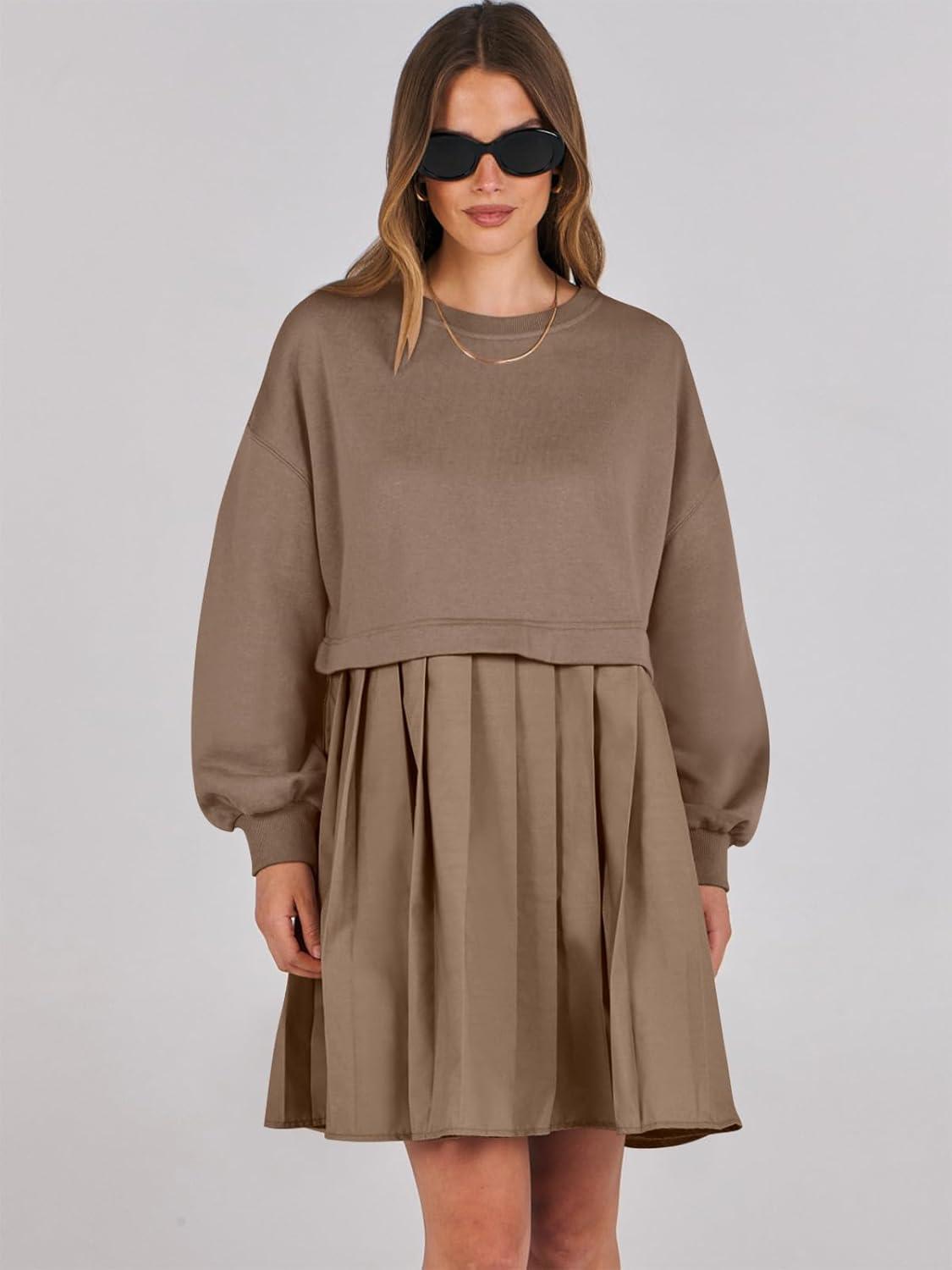 imageANRABESS Women Sweatshirts Dress Oversized Long Sleeve Patchwork Casual Loose Pleated Pullover Mini Dress Fall Outfits 2025Khaki