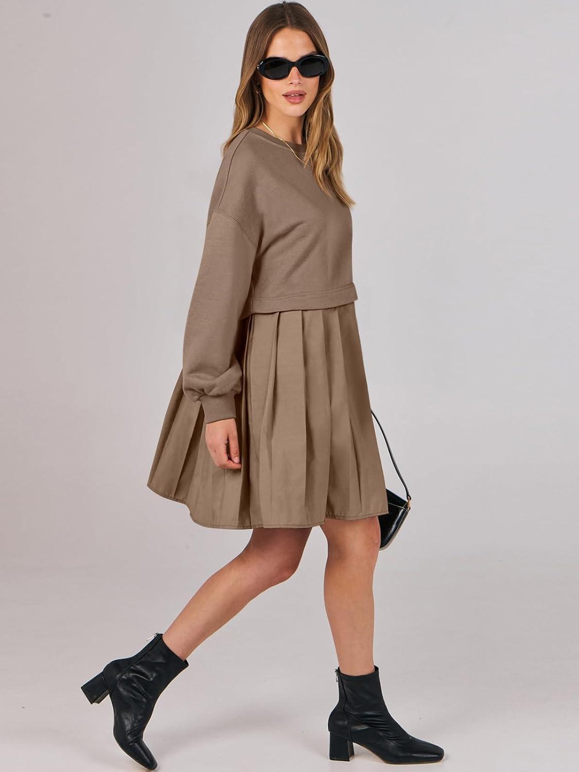 imageANRABESS Women Sweatshirts Dress Oversized Long Sleeve Patchwork Casual Loose Pleated Pullover Mini Dress Fall Outfits 2025Khaki
